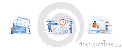 Tiny business people work at detachable computer, Businessman and woman choosing port to insert cable and USB symbol, Business Vector Illustration