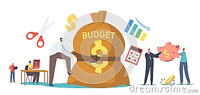Tiny Businessman Character Tight Huge Budget Sack with Belt. Poor Man and Woman with Empty Piggy Bank, Economy Crisis. Vector Illustration