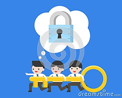 Tiny Businessman and team holding key, looking for lock to unlock Vector Illustration