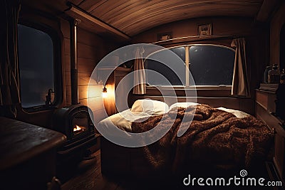 Tiny caravan interior night rain. Generate ai Stock Photo