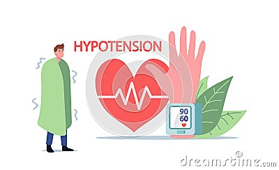 Tiny Character with Fever Hypotension Symptom at Huge Hand with Wrist Tonometer Cuff Measuring Arterial Blood Pressure Vector Illustration