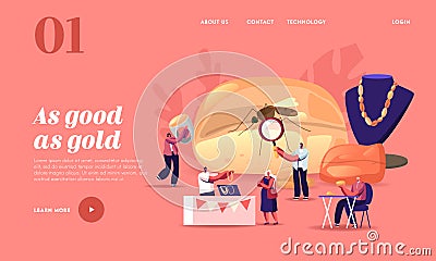 Tiny Characters around of Huge Amber Fossil with Mosquito Landing Page Template. , Jeweler Making Jewelry of Stone Vector Illustration