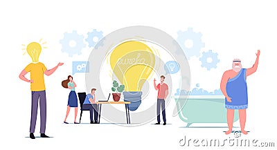 Tiny Characters around Huge Light Bulb Searching Idea. Business Team Search Insight for Project Development Vector Illustration