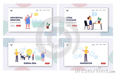 Tiny Characters around Huge Light Bulb Searching Idea Landing Page Template Set. Business Team Search Insight Project Vector Illustration