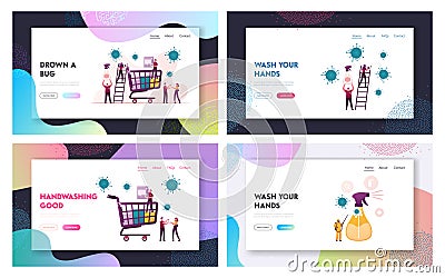 Tiny Characters around Huge Shopping Trolley Cleaning Shop Equipment during Pandemic Landing Page Vector Illustration