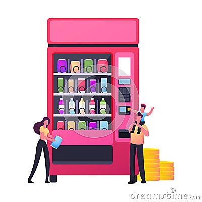 Tiny Characters Buying Snacks in Vending Machine. Son Sitting on Father Shoulders Put Coin into Automate Buying Fastfood Vector Illustration