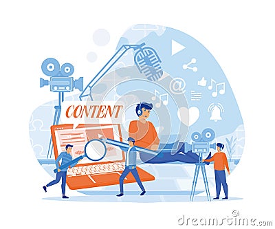 Tiny Characters Creating Content, Copywriting, Marketing Concept. Vector Illustration