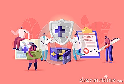 Tiny Characters Fill Huge Policy Document, Doctors Holding Protective Shield with Cross. People Signing Health Insurance Vector Illustration