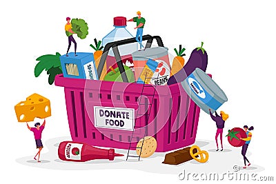 Tiny Characters Filling Cardboard Donation Basket with Food Products for Help to Poor People in Shelter Vector Illustration