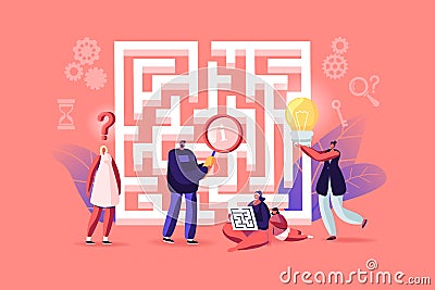 Tiny Characters Finding Idea, Solution in Labyrinth. Challenge and Problem Solving Concept. Confused People at Maze Stock Photo