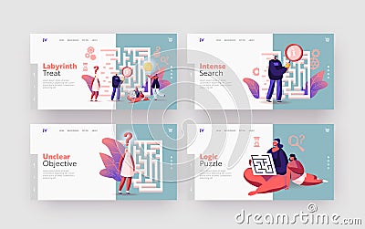 Tiny Characters Finding Idea, Solution in Labyrinth Landing Page Template Set. Challenge and Problem Solving Concept Stock Photo