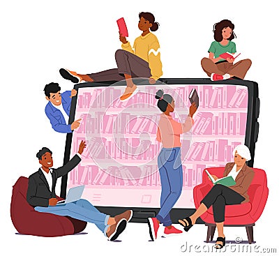 Tiny Characters with Gadgets around Huge Tablet Screen Utilize Online Library Services To Access to Digital Books Vector Illustration