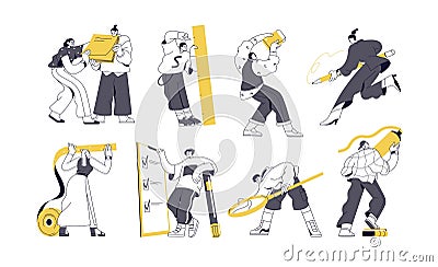 Tiny characters holding big stationery tools set. People with huge pencil, pen, paper, ruler, clipboard, magnifier and Cartoon Illustration