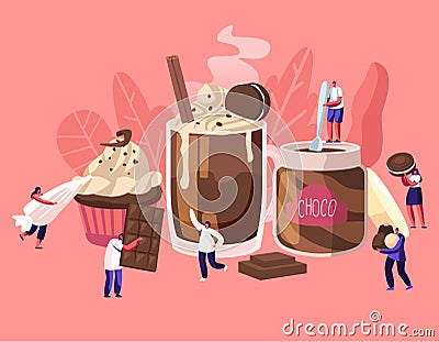 Tiny Characters among Huge Chocolate Dessert Dishes. Pastry Choco Paste Cupcake Candy Cane Cocktail Vector Illustration