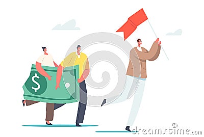 Tiny Characters with Huge Dollar Fall Apart and Reduce Value Follow Leader with Red Flag. Investment in Financial Crisis Vector Illustration