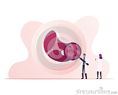 Tiny Characters Inspecting Artificial Meat in Lab Looking through Magnifier, Scientific Innovation Vector Illustration