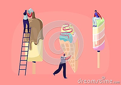 Tiny Characters on Ladders Decorate Ice Cream with Topping and Chocolate. Summer Time Food, Delicious Sweet Dessert, Cold Treat Vector Illustration