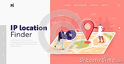 Tiny Characters Orienteering at Huge Paper Map Landing Page Template. Man with Compass Searching Way in Foreign City Vector Illustration