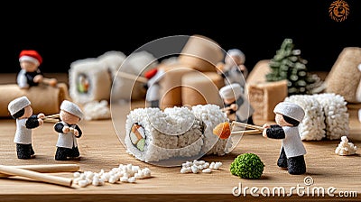 Tiny characters in red berets create sushi rolls using bamboo sticks on a wooden table, capturing intricate details in a Stock Photo
