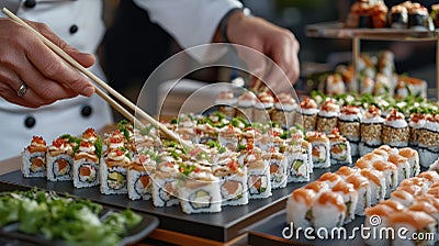 Tiny characters in red berets create sushi rolls using bamboo sticks on a wooden table, capturing intricate details in a Stock Photo