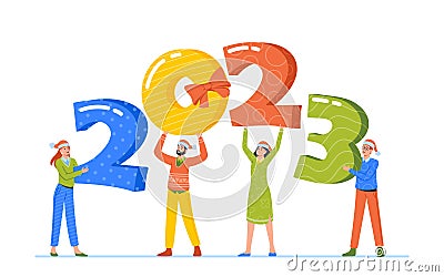 Tiny Characters in Santa Hats Holding Huge 2023 Numbers. Happy New Year Greetings Concept. Friends Party Celebration Vector Illustration