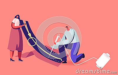 Tiny Characters Sewing Workshop, Atelier Workers Concept. Tailor or Dressmaker Profession, Man and Woman Repair Zipper Vector Illustration