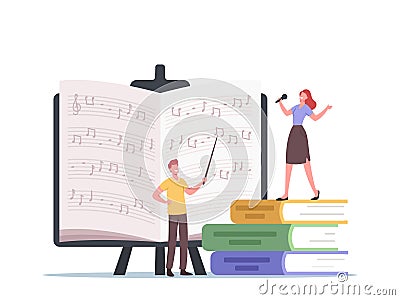 Tiny Characters Teacher with Pointer and Student Sing, Learn Notes Stand at Huge Textbooks. Vocalist Take Vocal Lessons Vector Illustration