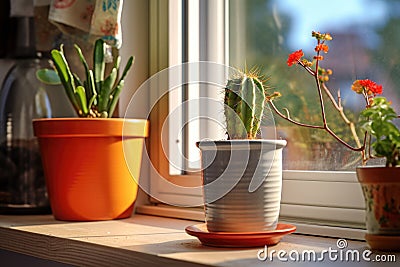tiny chili plant in a pot next to a cactus on a kitchen windowsill Stock Photo