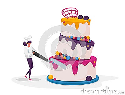 Tiny Confectioner Female Character in Chief Uniform and Toque Decorate Huge Festive Cake Use Professional Instrument Vector Illustration