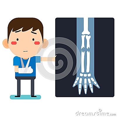 Tiny cute cartoon patient man character broken right arm in gypsum bandage or plastered arm and x-ray_v2 Vector Illustration