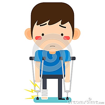 Tiny cute cartoon patient man character broken right leg in gypsum bandage or plastered leg standing with axillary crutch Vector Illustration