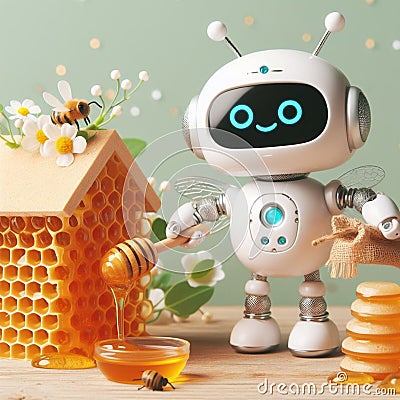 Tiny cute robot collecting honey in bee hive Stock Photo