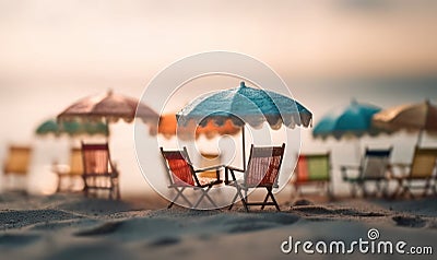 Tiny deck chairs and umbrellas on the beach Stock Photo