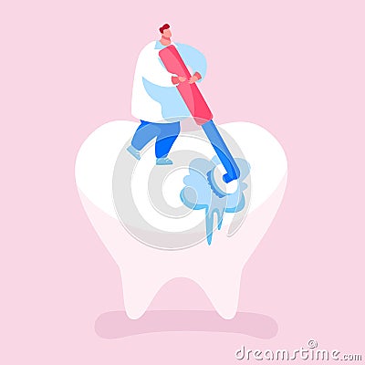 Tiny Dentist Doctor Character Cleaning or Polishing of Huge Tooth with Rolling Brush. Stomatology Clinic Care Service Vector Illustration