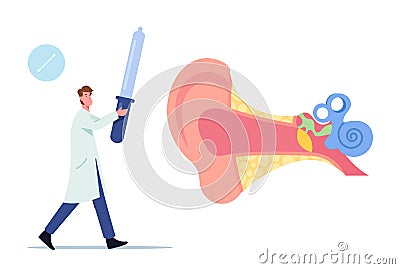 Tiny Doctor Audiologist with Pipette for Dripping Remedy in Huge Sick Ear, Otolaryngologist Male Character Heal Patient Vector Illustration