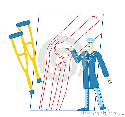 Tiny Doctor Character Orthopedist in Robe Uniform Pointing on Huge X-ray Picture with Knee Joint Bones Vector Illustration