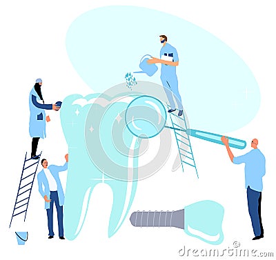 Tiny doctors examining huge molar tooth with dental mirror and cleaning it. Medical orthodontic instruments.Oral cavity disease. D Vector Illustration