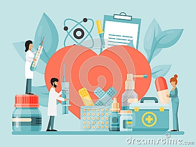 Tiny doctors and scientist examine, study and treat big heart with bottles and medication packages vector illustration Vector Illustration