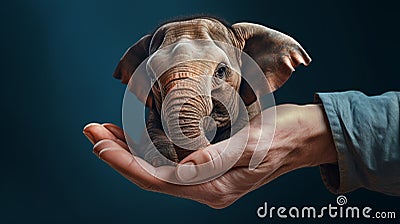 Tiny elephant sitting on a human hand Stock Photo