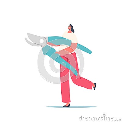 Tiny Female Character Carry Huge Pruner for Gardening or Diy Works. Gardener or Farmer Holding Secateurs Scissors Vector Illustration