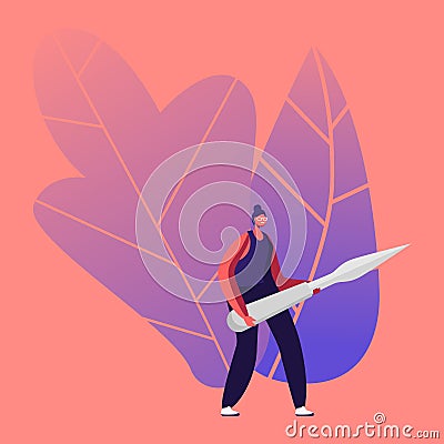 Tiny Female Character Carry Huge Steel Knife for Fruits and Vegetable Carving Craft. Traditional Thailand Art Vector Illustration