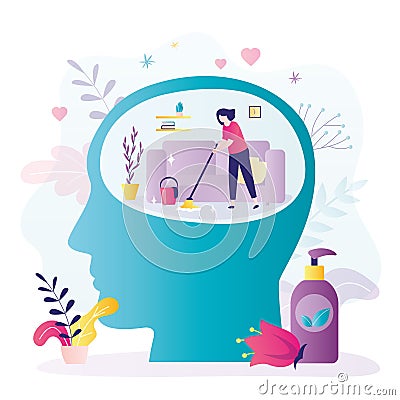 Tiny female character cleaning space inside human head. Person solves mental problems and clears brain Vector Illustration