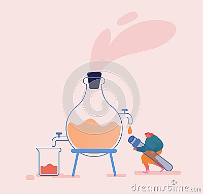 Tiny Female Character Distilling Liquid in Apparatus for Essential Oil Extraction in Lab. Herbal Aroma Therapy Cosmetic Vector Illustration