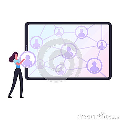 Tiny Female Character at Huge Digital Device with Network of Connected Human Profiles, Customer Base, Referral Program Vector Illustration