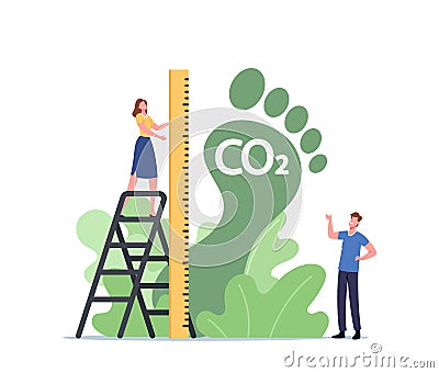 Tiny Female Character Measure Huge Green Foot, Carbon Footprint Pollution, Co2 Emission Environmental Impact Concept Vector Illustration