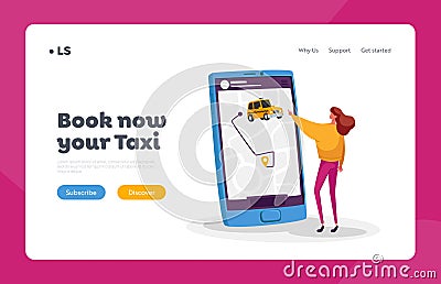 Tiny Female Character Order Taxi via Smartphone App Landing Page Template. Young Woman Using Application for Order Taxi Vector Illustration