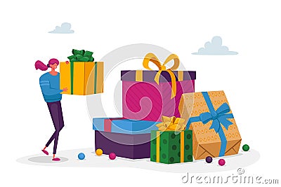Tiny Female Character Prepare for Birthday, Valentine, Christmas or New Year Party Celebration Vector Illustration