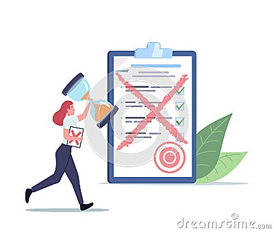 Tiny Female Character Run with Huge Sandglass and Paper Document with Red Cross. Office Employee Need to Rework Bad Work Vector Illustration