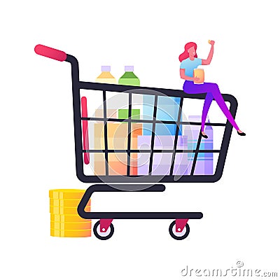 Tiny Female Character Sitting on Huge Shopping Trolley with Purchases Eating Chips. Customer in Shop Buying Products Vector Illustration