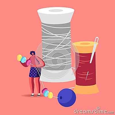 Tiny Female Character String Huge Colorful Beads on Thread Stand at Pools with Needle. Creative Craft Vector Illustration